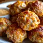 Golden Rotel cream cheese sausage balls fresh out of the oven on a parchment-lined tray.