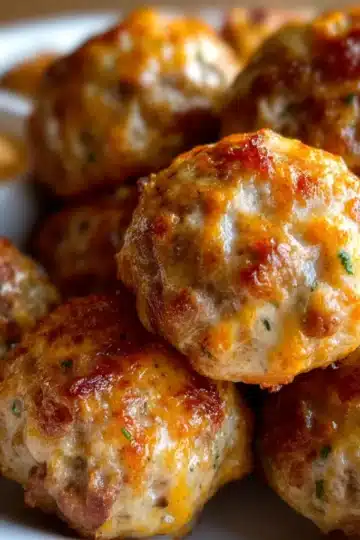 Golden Rotel cream cheese sausage balls fresh out of the oven on a parchment-lined tray.