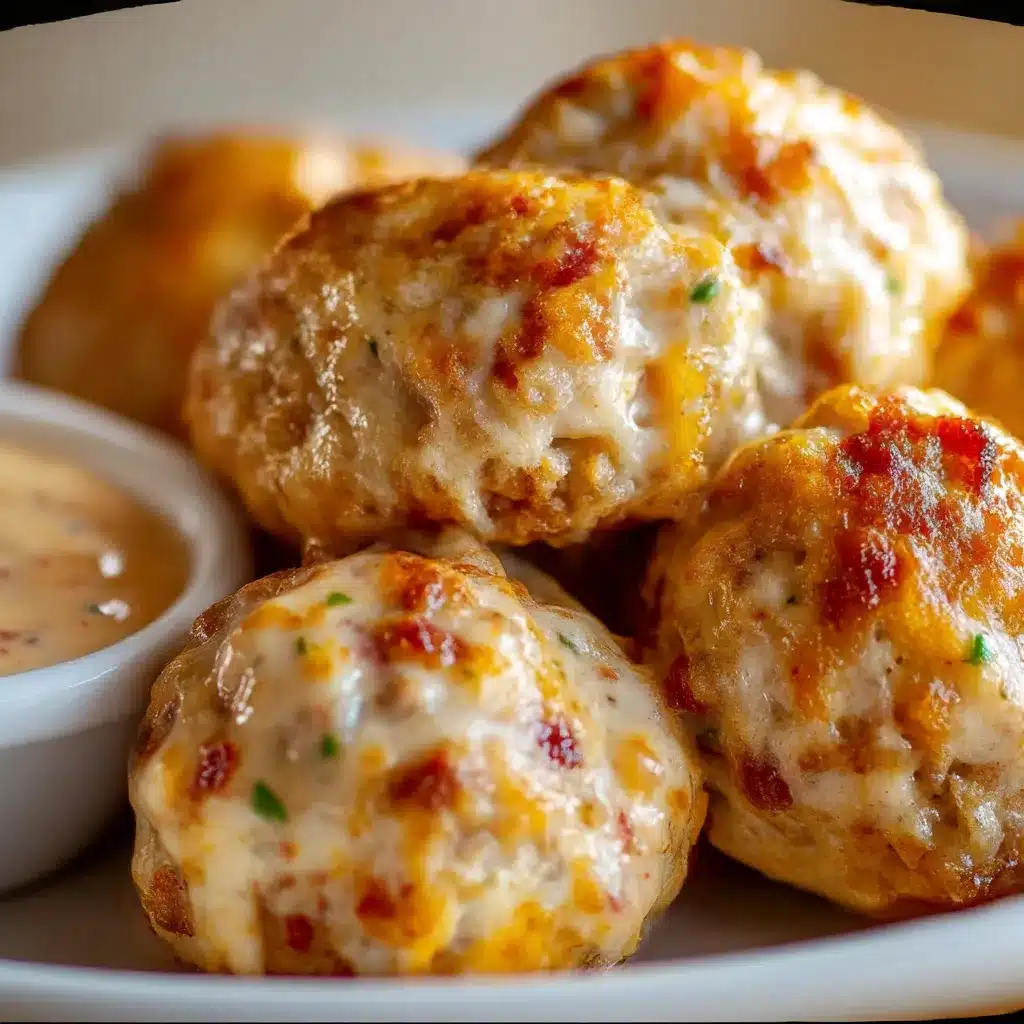 Golden Rotel cream cheese sausage balls fresh out of the oven on a parchment-lined tray.