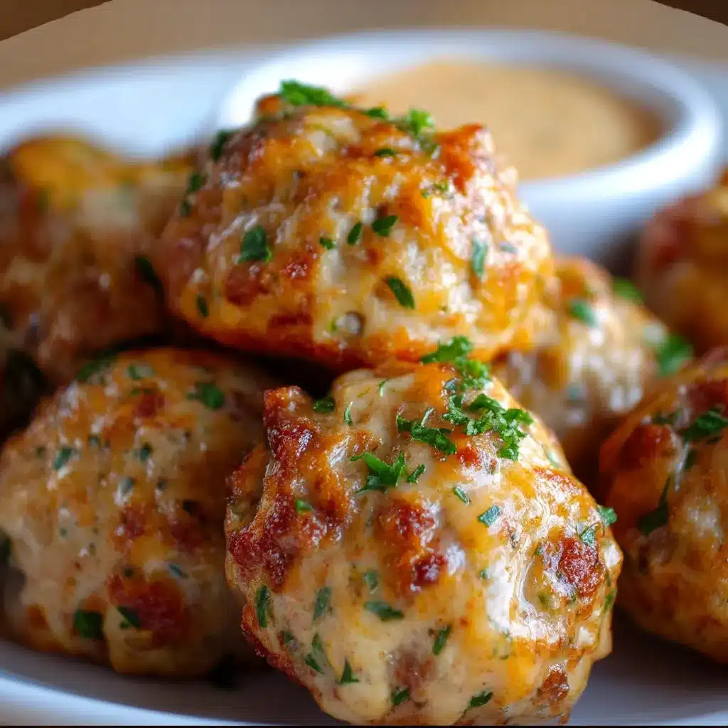 Golden Rotel cream cheese sausage balls fresh out of the oven on a parchment-lined tray.