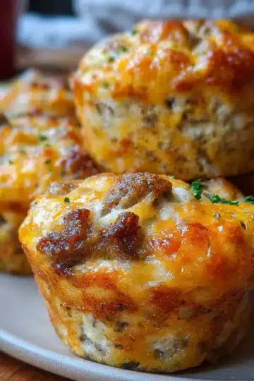 Golden sausage breakfast muffins with melted cheddar and fluffy Bisquick texture on a white plate.