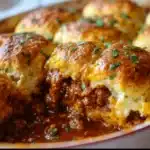Golden-brown Sloppy Joe Biscuit Casserole fresh from the oven — melty cheddar on fluffy biscuits over savory Sloppy Joe filling.