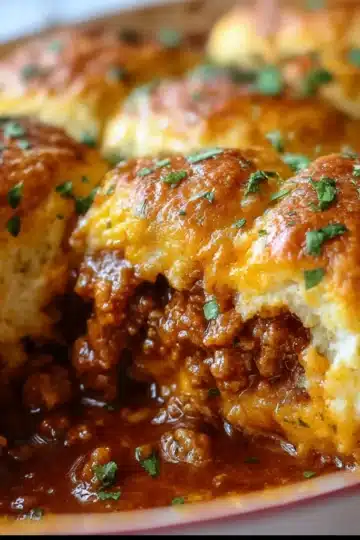 Golden-brown Sloppy Joe Biscuit Casserole fresh from the oven — melty cheddar on fluffy biscuits over savory Sloppy Joe filling.