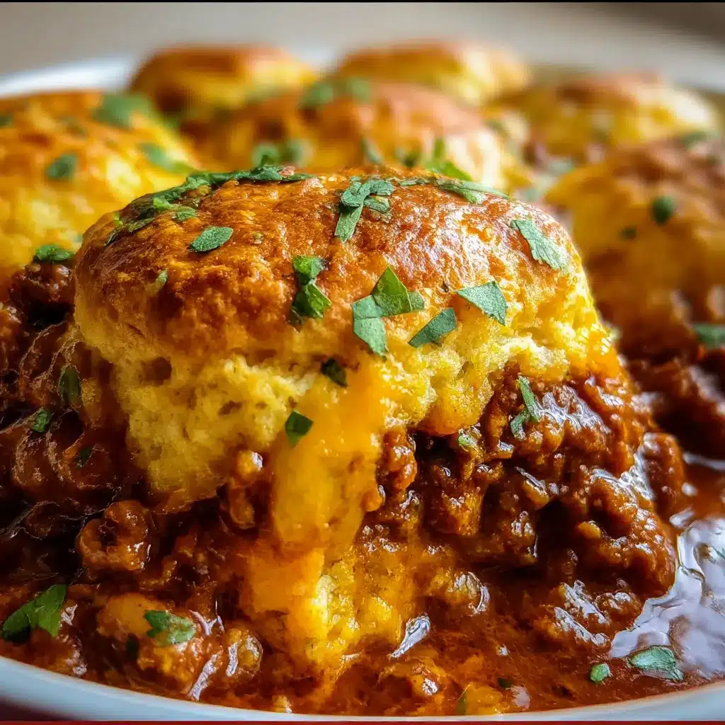Golden-brown Sloppy Joe Biscuit Casserole fresh from the oven — melty cheddar on fluffy biscuits over savory Sloppy Joe filling.