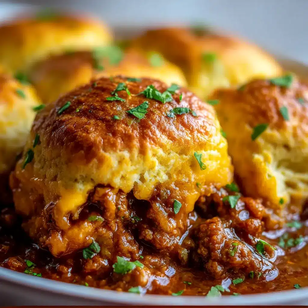 Golden-brown Sloppy Joe Biscuit Casserole fresh from the oven — melty cheddar on fluffy biscuits over savory Sloppy Joe filling.