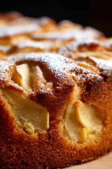 Slice of soft apple cake dusted with powdered sugar on a white plate, showing golden apples and cinnamon specks.