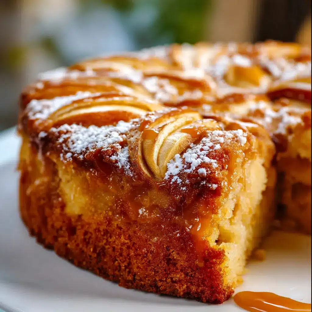 Slice of soft apple cake dusted with powdered sugar on a white plate, showing golden apples and cinnamon specks.