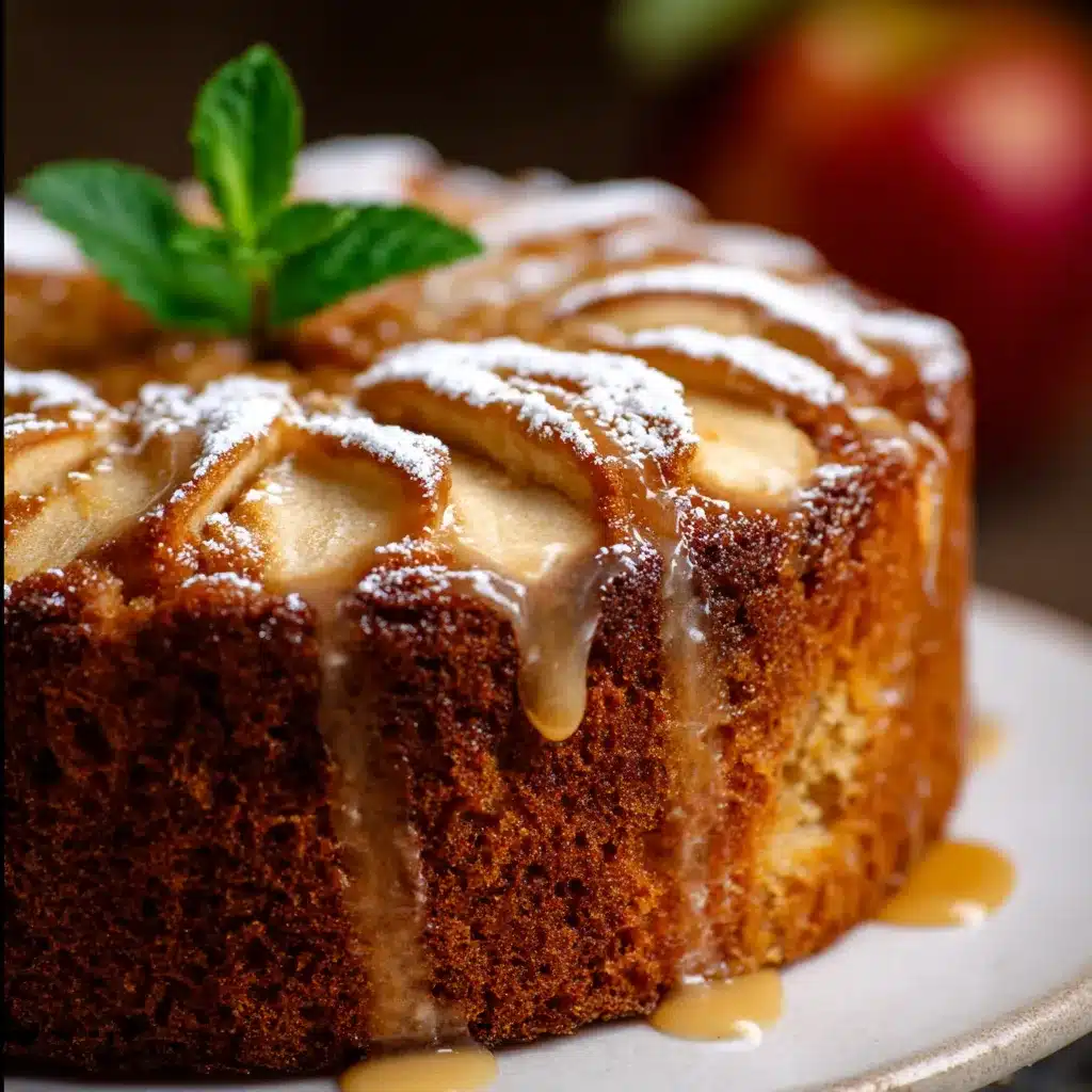 Slice of soft apple cake dusted with powdered sugar on a white plate, showing golden apples and cinnamon specks.