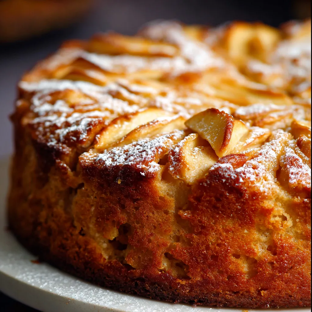 Slice of soft apple cake dusted with powdered sugar on a white plate, showing golden apples and cinnamon specks.