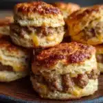 Flaky golden Southern sausage biscuits filled with savory breakfast sausage and melted cheese on a wooden board.