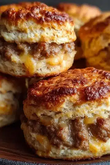 Flaky golden Southern sausage biscuits filled with savory breakfast sausage and melted cheese on a wooden board.