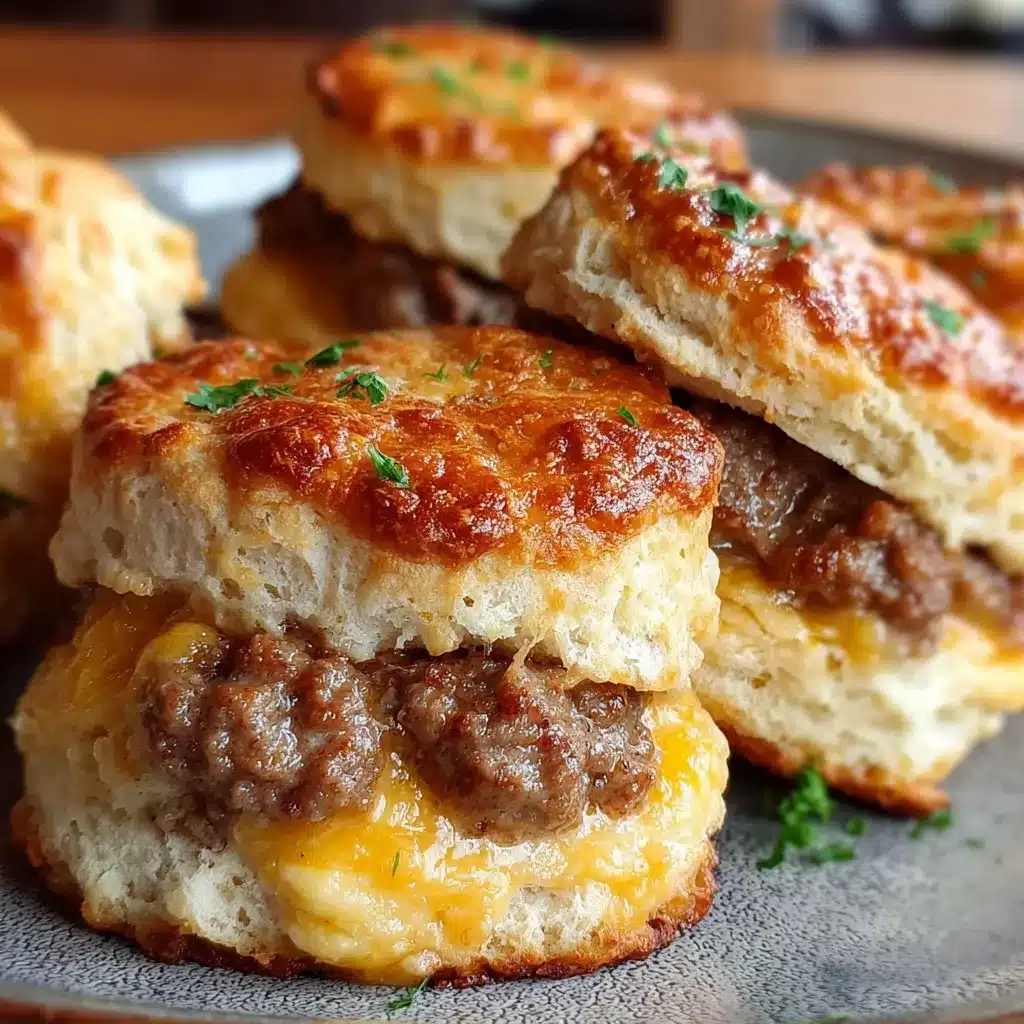 Flaky golden Southern sausage biscuits filled with savory breakfast sausage and melted cheese on a wooden board.