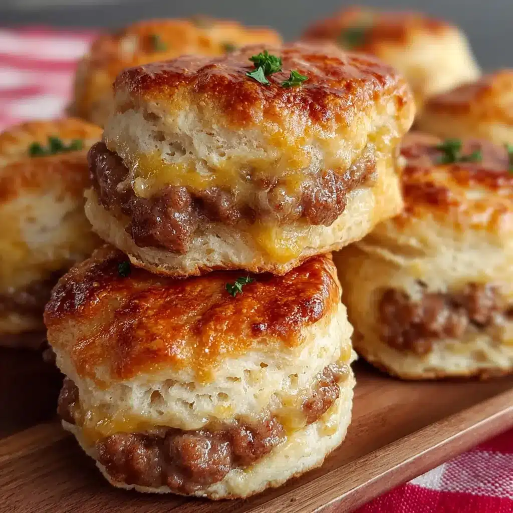 Flaky golden Southern sausage biscuits filled with savory breakfast sausage and melted cheese on a wooden board.