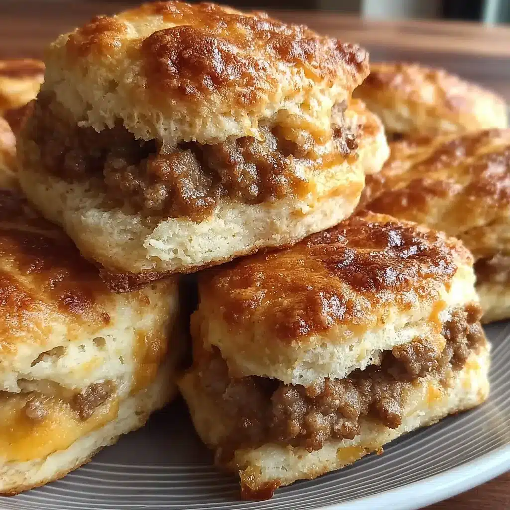 Flaky golden Southern sausage biscuits filled with savory breakfast sausage and melted cheese on a wooden board.