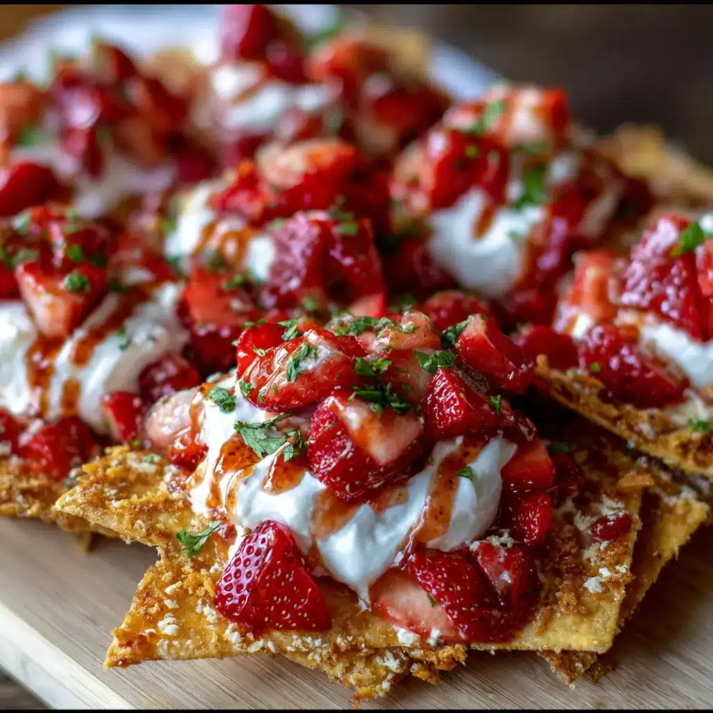 Strawberry Cheesecake Nachos on a platter with whipped cream and chocolate chips on top.