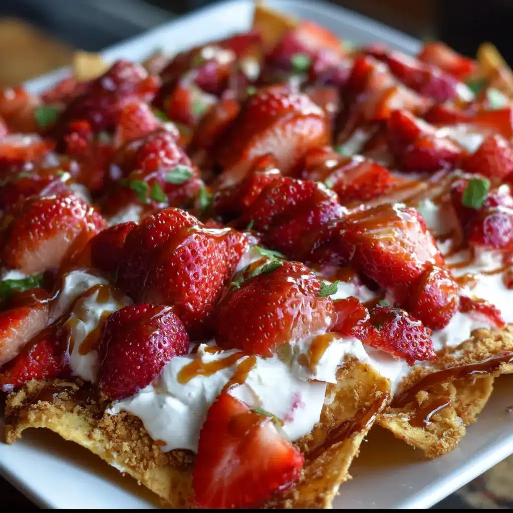 Strawberry Cheesecake Nachos on a platter with whipped cream and chocolate chips on top.