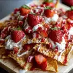Strawberry Cheesecake Nachos on a platter with whipped cream and chocolate chips on top.