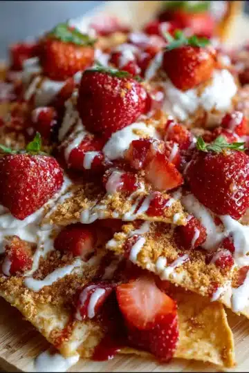 Strawberry Cheesecake Nachos on a platter with whipped cream and chocolate chips on top.