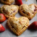 Strawberry heart-shaped hand pies cooling on a rack with vanilla glaze drizzle.