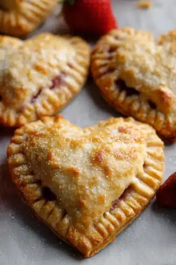 Strawberry heart-shaped hand pies cooling on a rack with vanilla glaze drizzle.