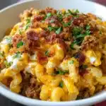 Skillet filled with creamy taco mac and cheese topped with green onions and cilantro.
