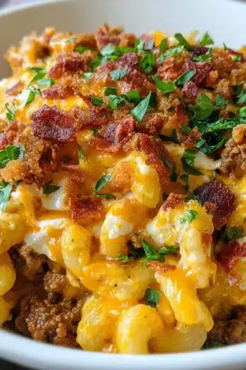 Skillet filled with creamy taco mac and cheese topped with green onions and cilantro.