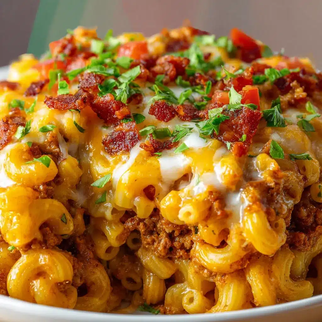 Skillet filled with creamy taco mac and cheese topped with green onions and cilantro.
