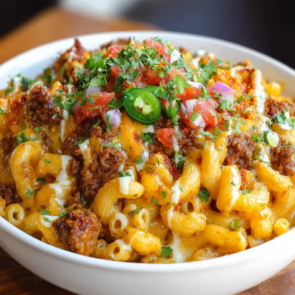 Skillet filled with creamy taco mac and cheese topped with green onions and cilantro.