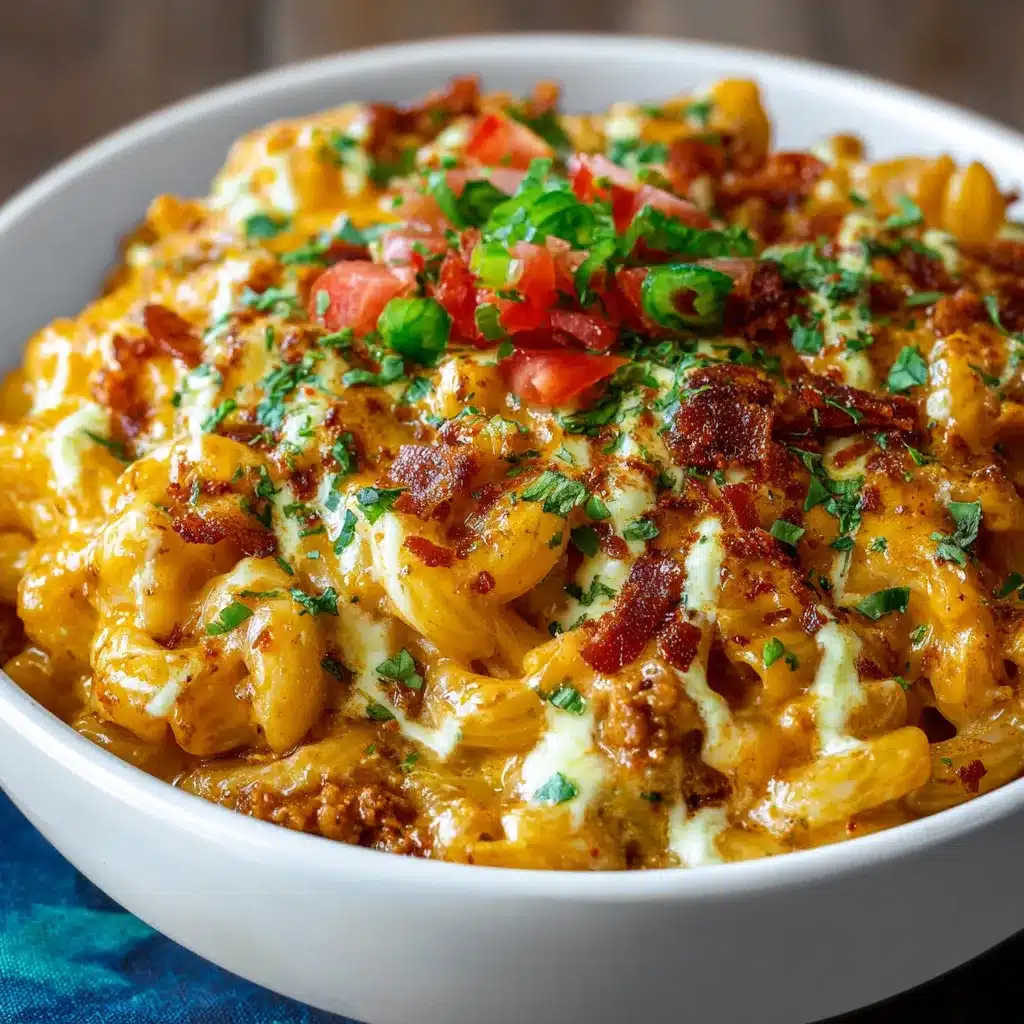 Skillet filled with creamy taco mac and cheese topped with green onions and cilantro.