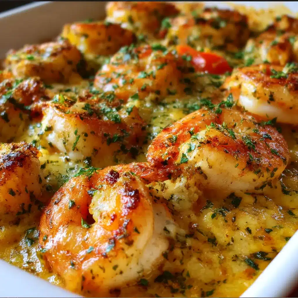 Golden breadcrumb-topped baked stuffed shrimp casserole in a baking dish, garnished with fresh parsley and lemon slice