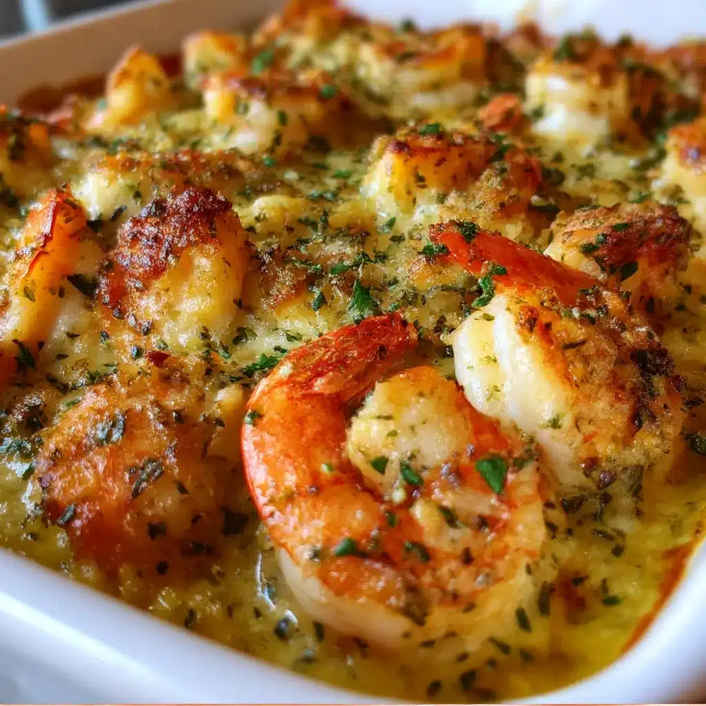 Golden breadcrumb-topped baked stuffed shrimp casserole in a baking dish, garnished with fresh parsley and lemon slice