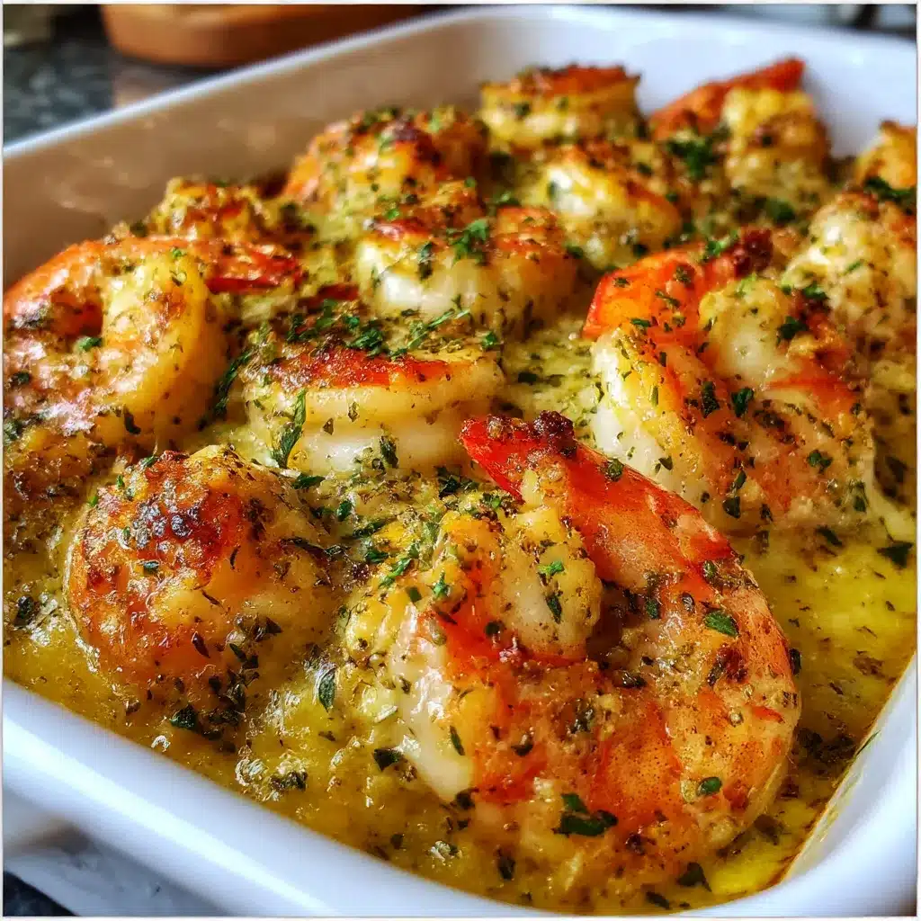 Golden breadcrumb-topped baked stuffed shrimp casserole in a baking dish, garnished with fresh parsley and lemon slice