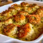 Golden breadcrumb-topped baked stuffed shrimp casserole in a baking dish, garnished with fresh parsley and lemon slice