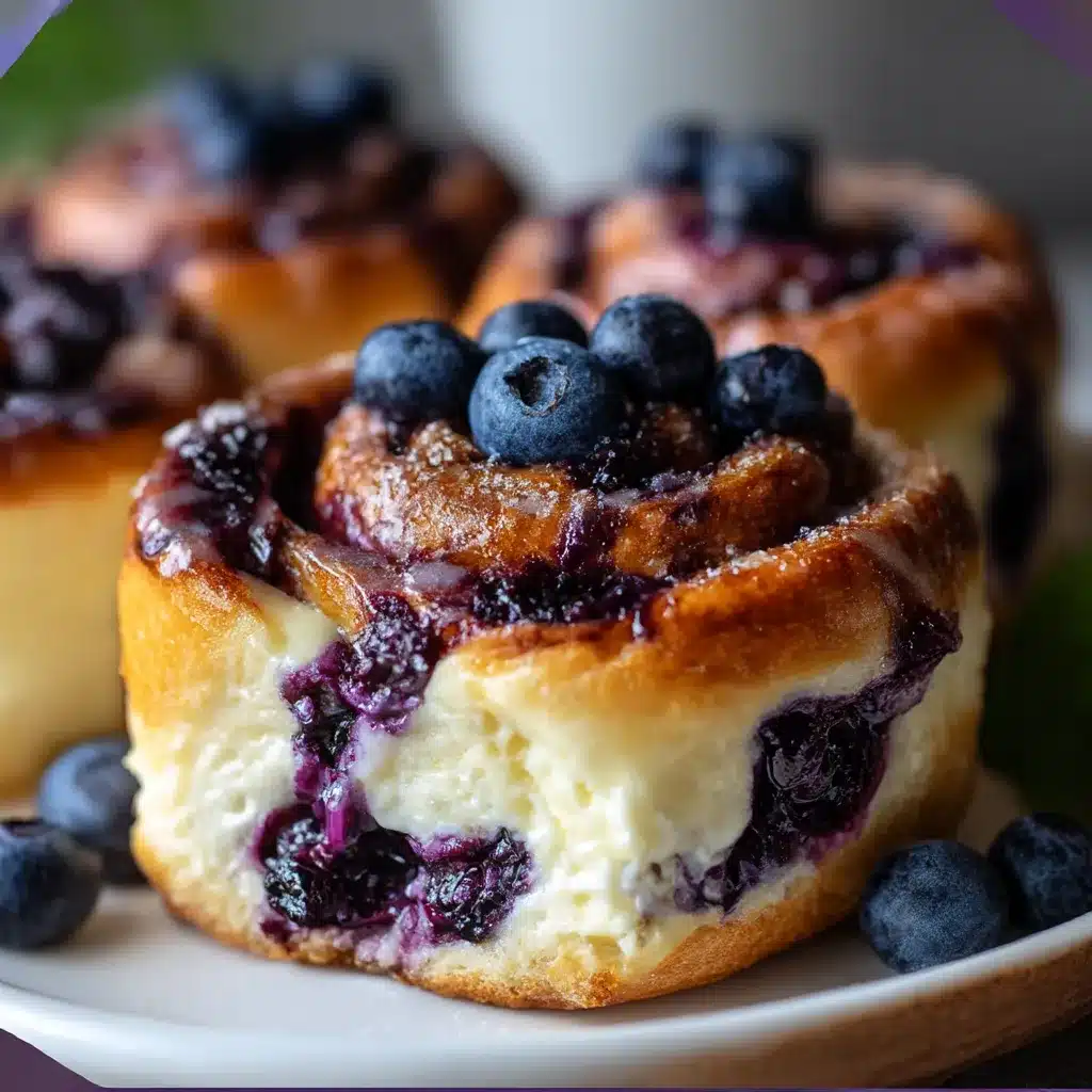 Golden-baked blueberry cheesecake rolls drizzled with vanilla glaze on parchment paper