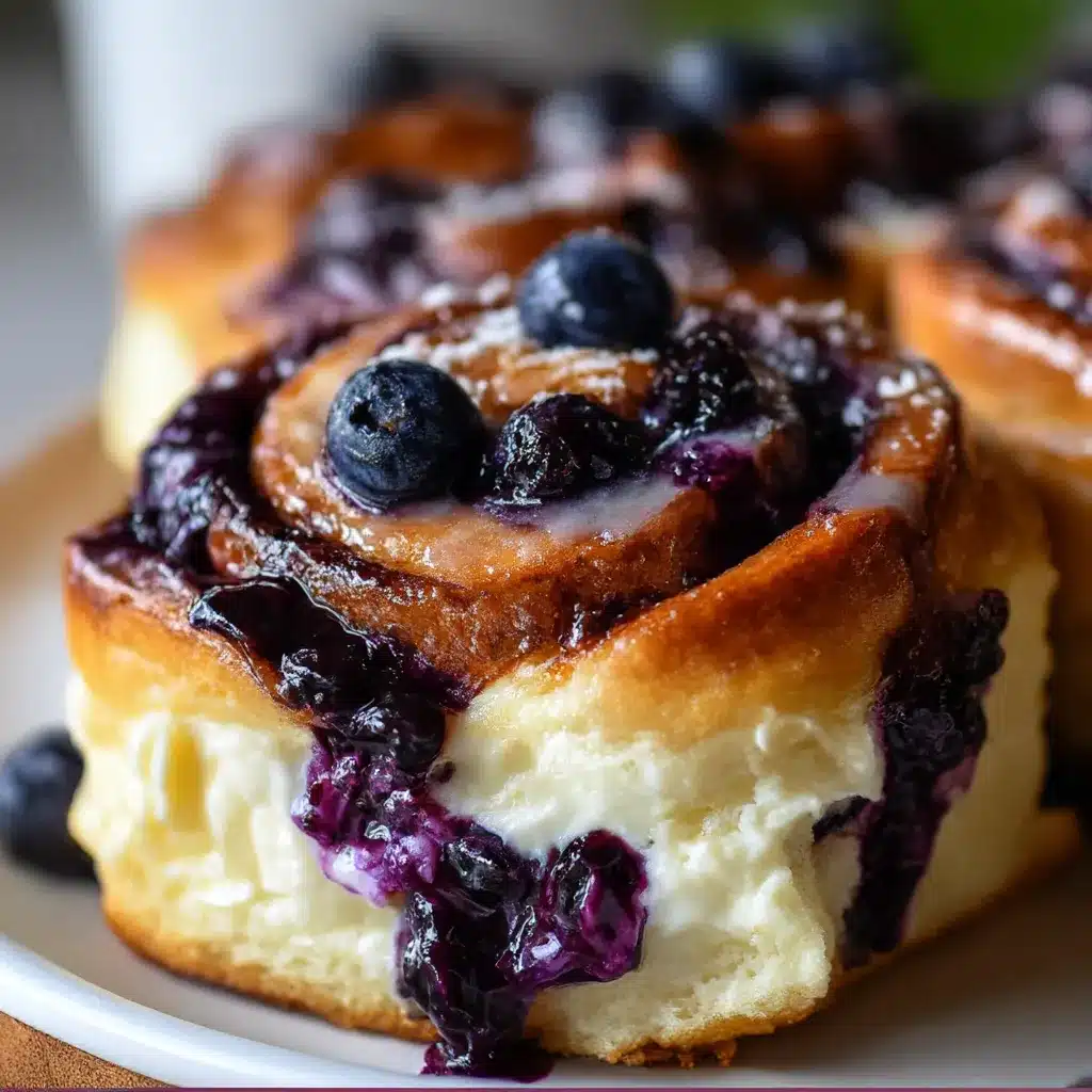 Golden-baked blueberry cheesecake rolls drizzled with vanilla glaze on parchment paper