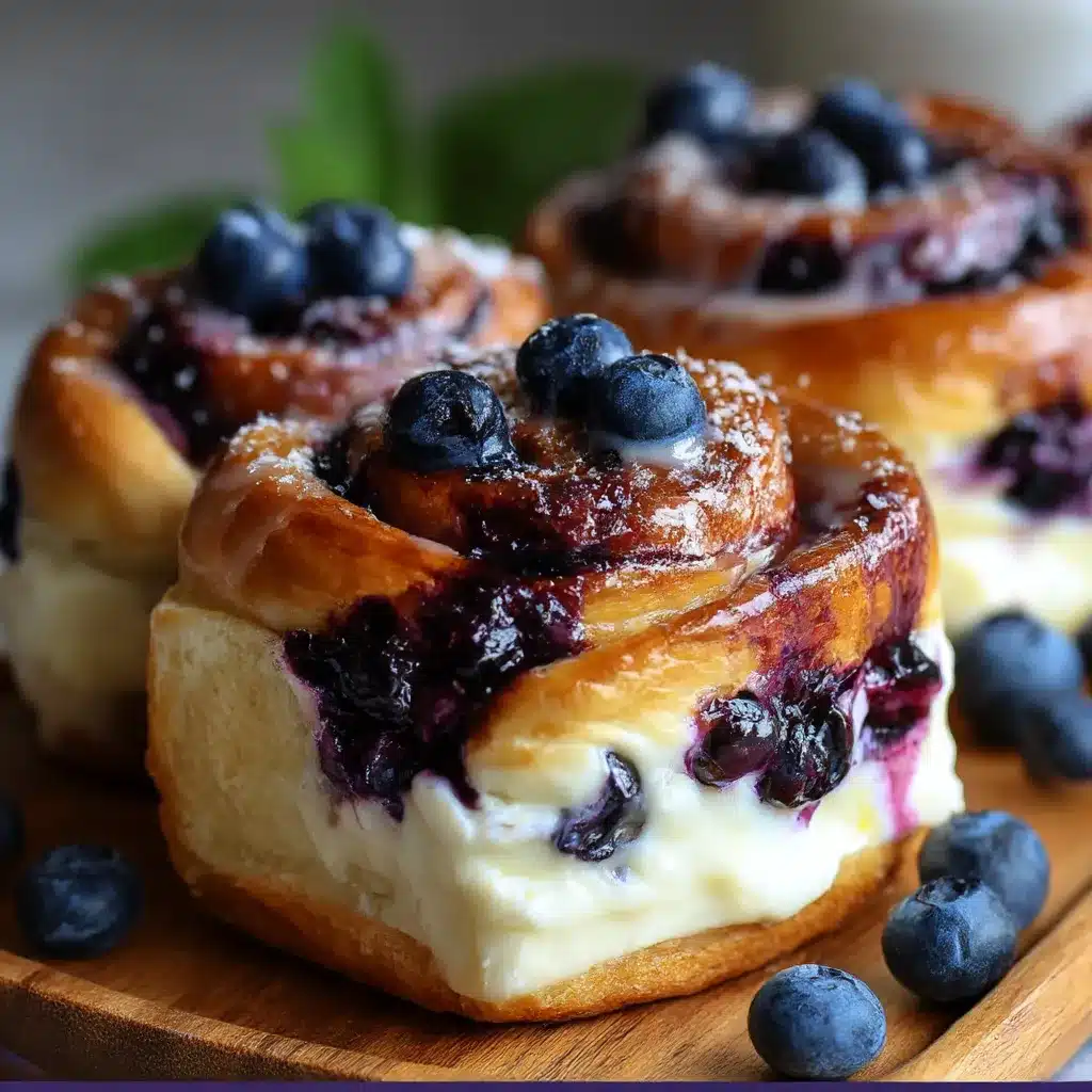Golden-baked blueberry cheesecake rolls drizzled with vanilla glaze on parchment paper
