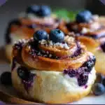 Golden-baked blueberry cheesecake rolls drizzled with vanilla glaze on parchment paper