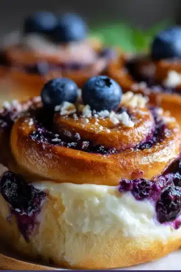 Golden-baked blueberry cheesecake rolls drizzled with vanilla glaze on parchment paper