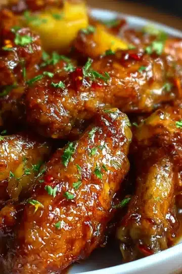 Golden Brown Sugar Pineapple Wings coated in a sticky tropical glaze, served hot on a parchment-lined tray with pineapple chunks.
