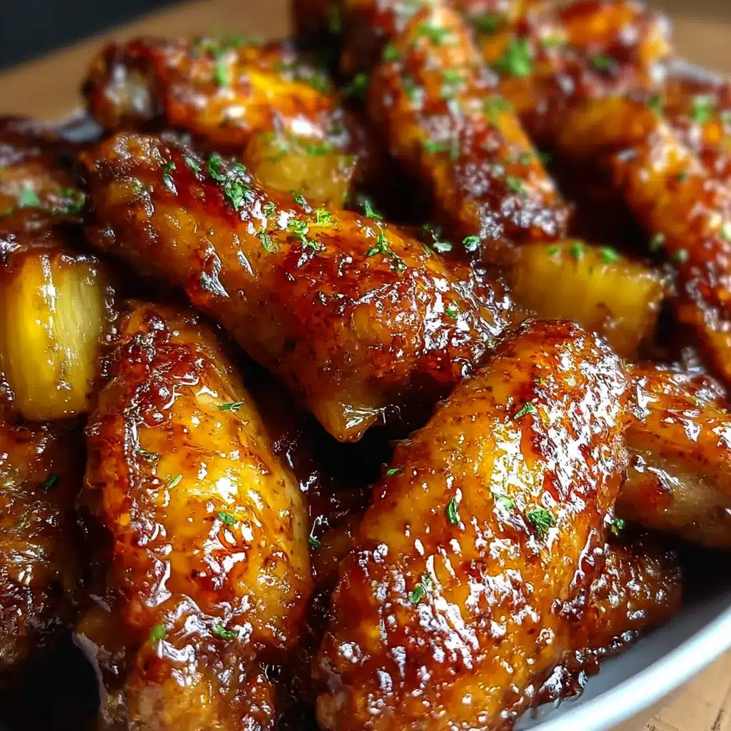 Golden Brown Sugar Pineapple Wings coated in a sticky tropical glaze, served hot on a parchment-lined tray with pineapple chunks.