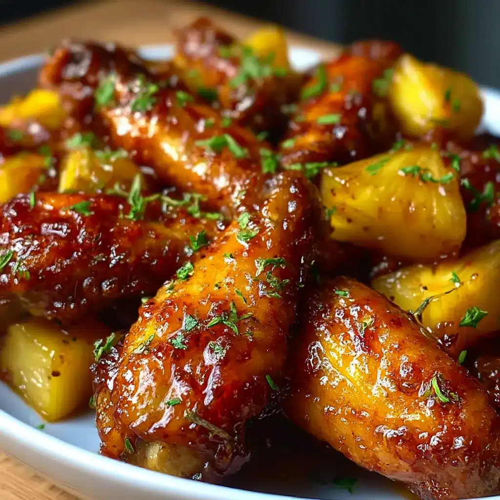 Golden Brown Sugar Pineapple Wings coated in a sticky tropical glaze, served hot on a parchment-lined tray with pineapple chunks.