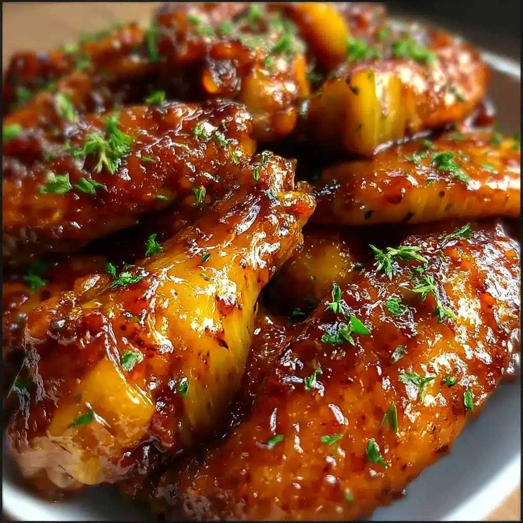 Golden Brown Sugar Pineapple Wings coated in a sticky tropical glaze, served hot on a parchment-lined tray with pineapple chunks.