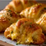Cheesy Chicken Stuffed Crescent Roll freshly baked on parchment-lined baking sheet, golden and flaky