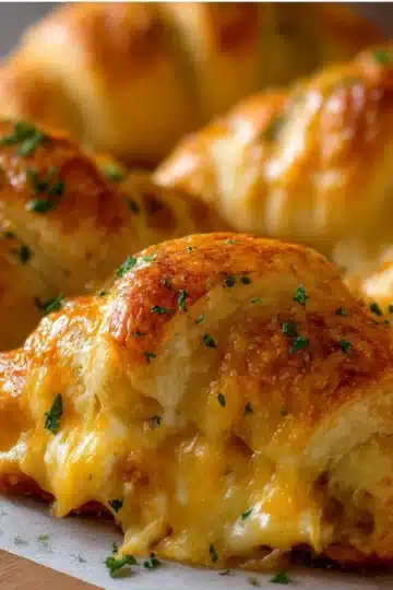 Cheesy Chicken Stuffed Crescent Roll freshly baked on parchment-lined baking sheet, golden and flaky