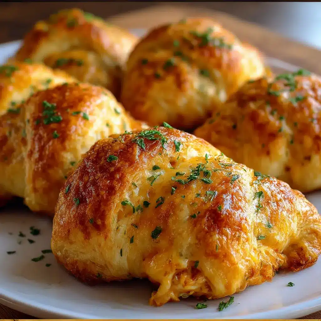 Cheesy Chicken Stuffed Crescent Roll freshly baked on parchment-lined baking sheet, golden and flaky