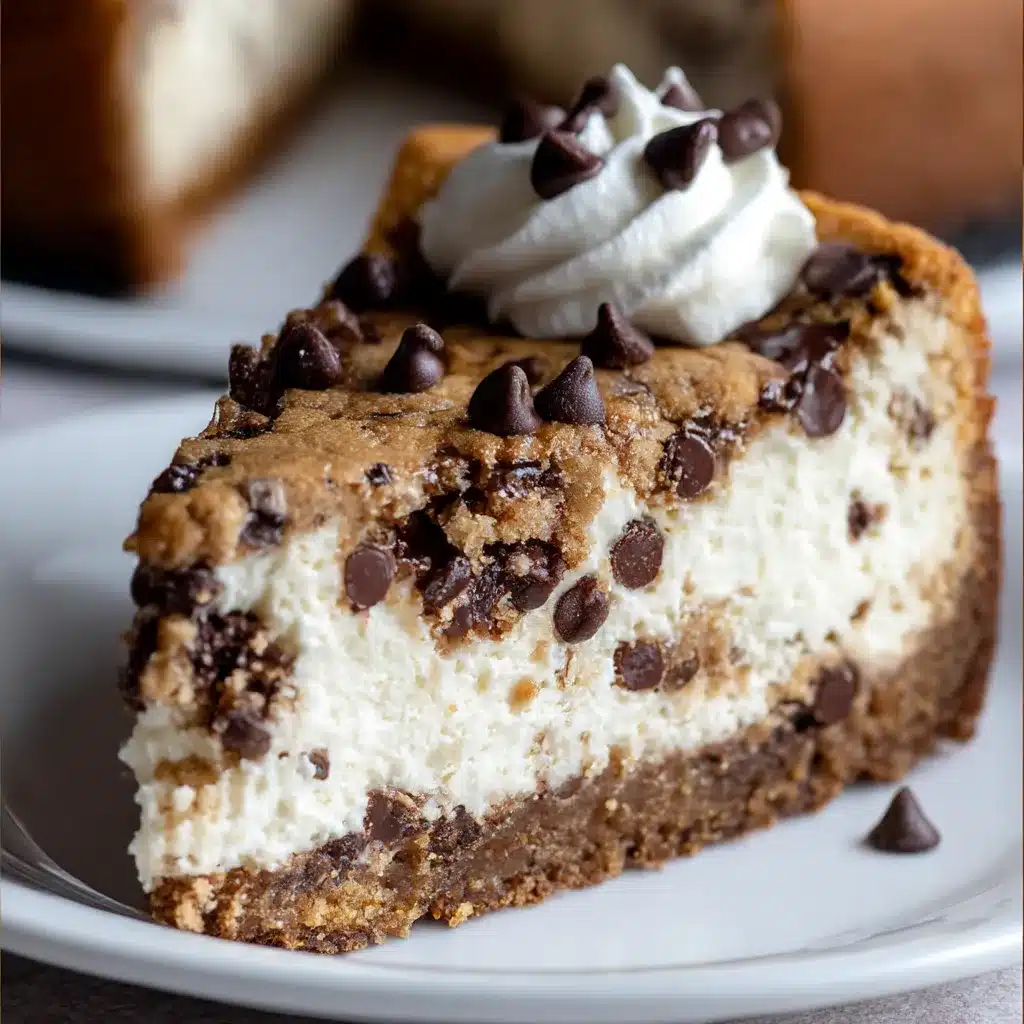 Slice of chocolate chip cookie cheesecake with melted mini chocolate chips and cookie crumb topping