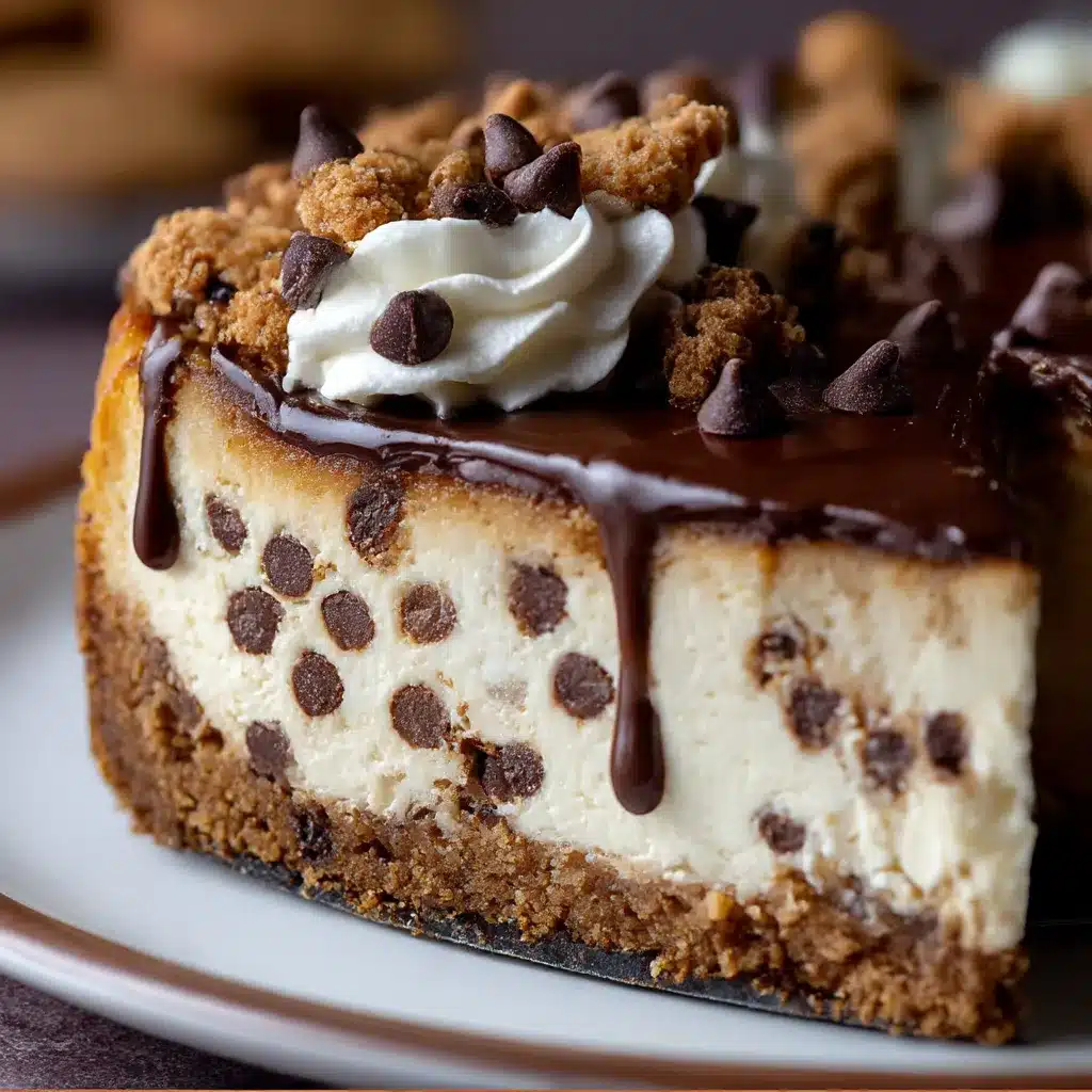 Slice of chocolate chip cookie cheesecake with melted mini chocolate chips and cookie crumb topping