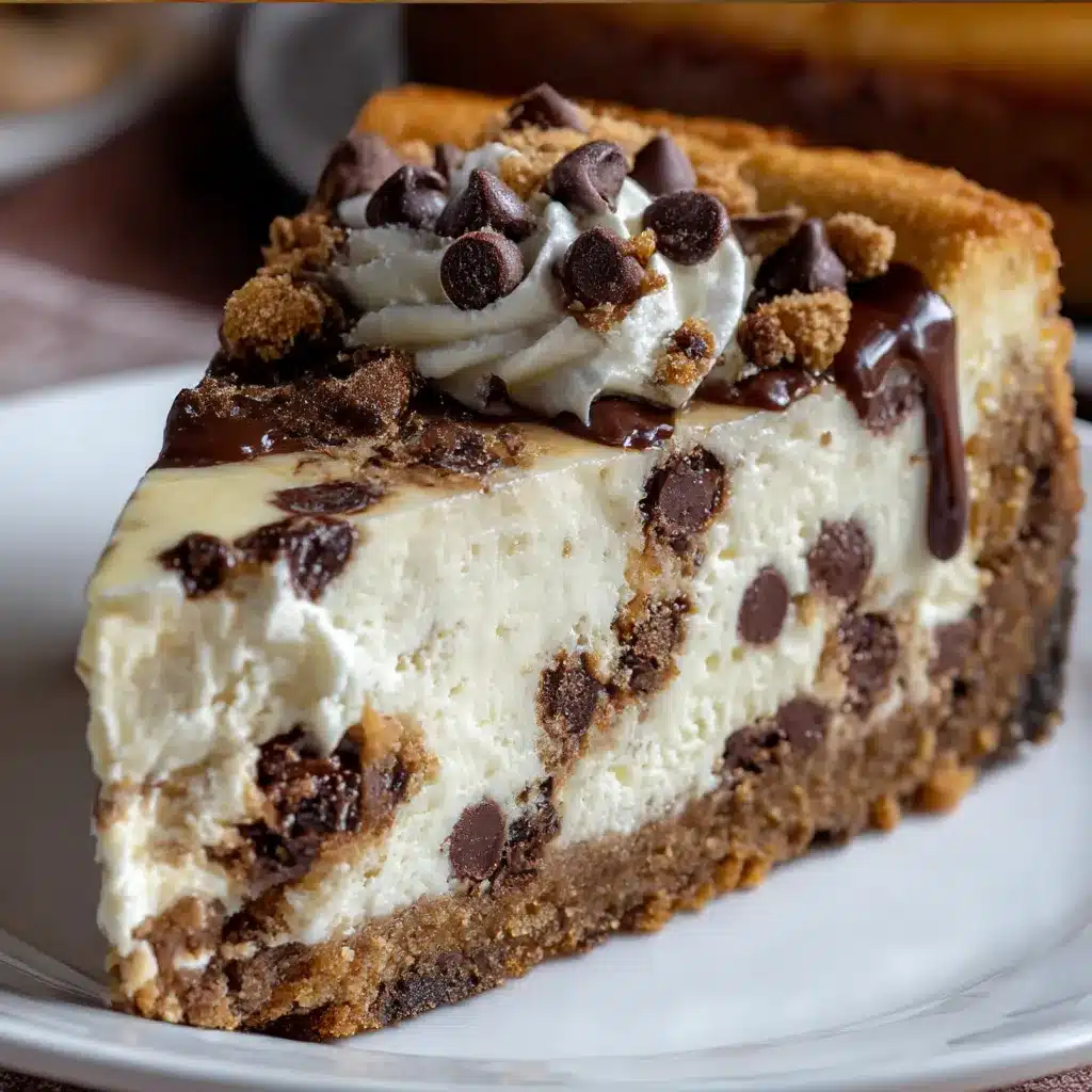 Slice of chocolate chip cookie cheesecake with melted mini chocolate chips and cookie crumb topping