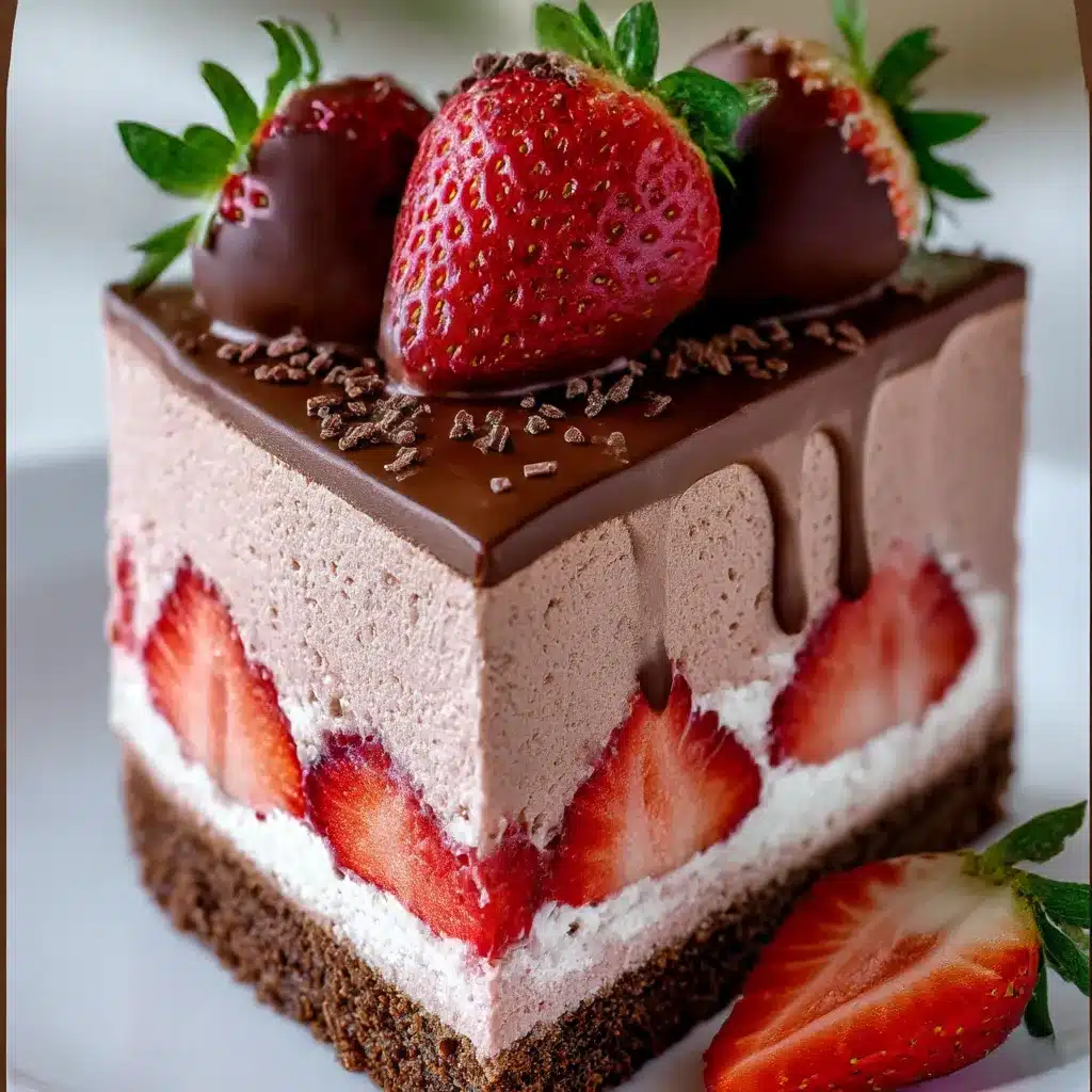 Chocolate-Dipped Strawberry Mousse Cake with fresh strawberries and chocolate shavings