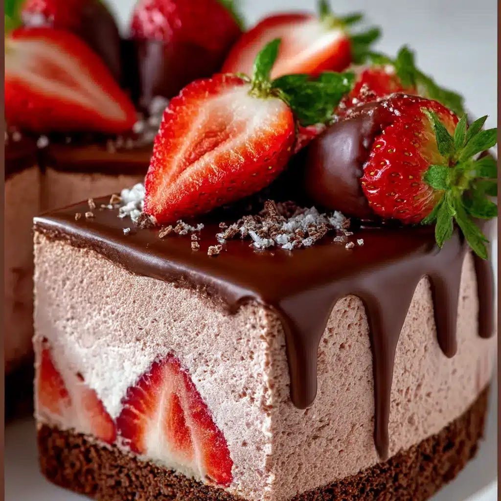 Chocolate-Dipped Strawberry Mousse Cake with fresh strawberries and chocolate shavings